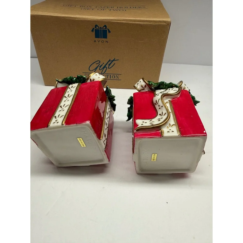 Avon Gift Collection Christmas Gift Box Taper Candle Holders Set of 2 Red Holly